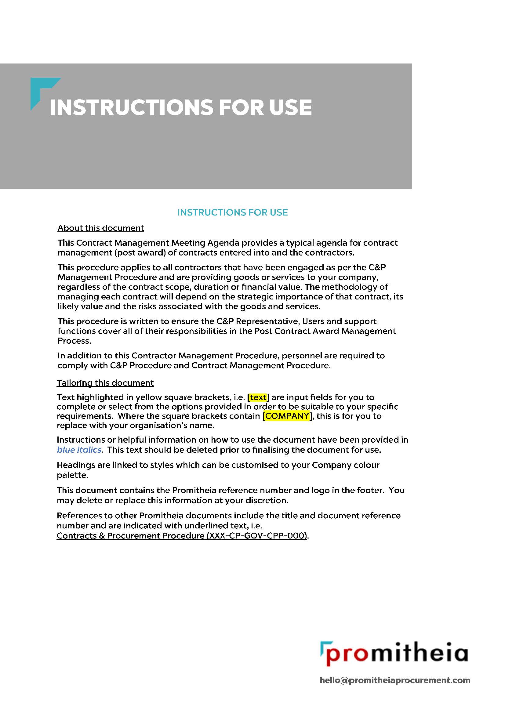 Sample page of the Contract Management Meeting Agenda template