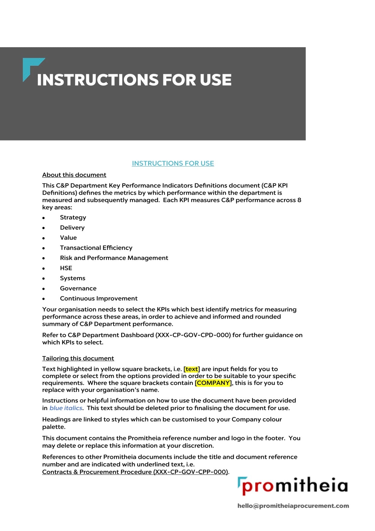 C&P Department Key Performance Indicators Definitions